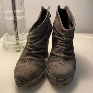 F+B gray suede 1”platform ruched booties 4” heel